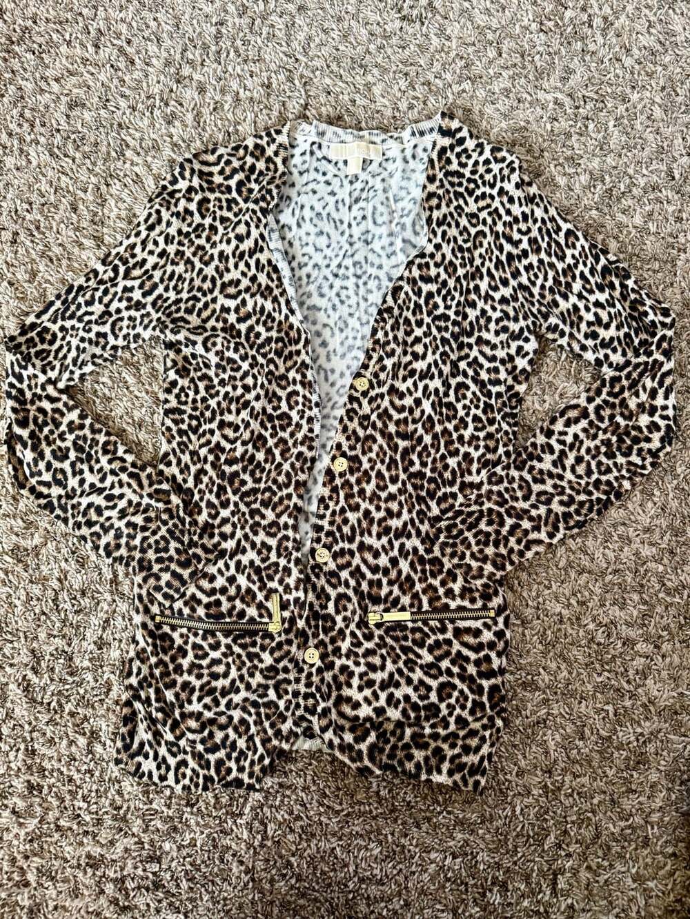 MICHAEL Michael Kors Cardigan Size S Cheetah Leopard Print Gold Zip Pockets